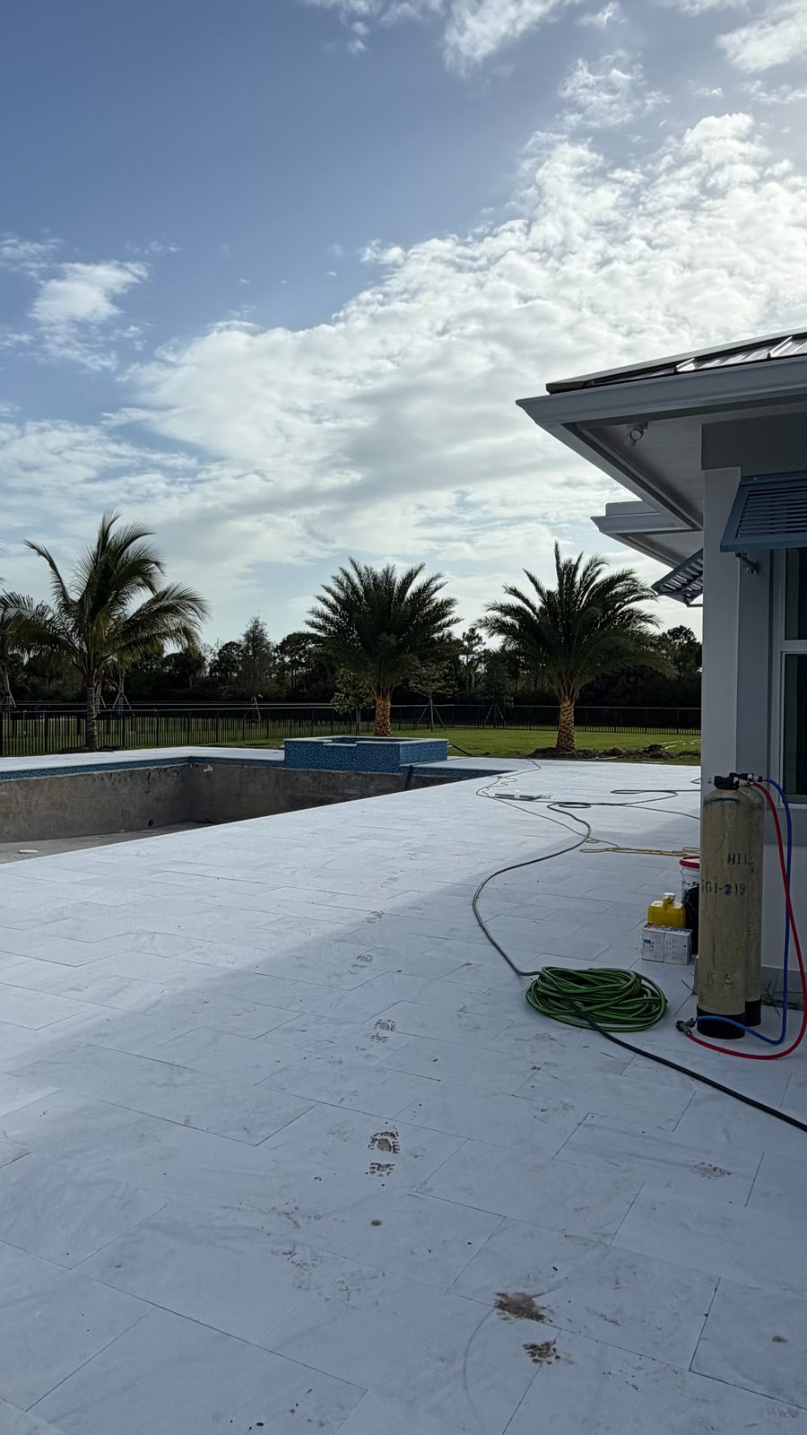 Sylvester and coconut palms installed around a new travertine pool deck